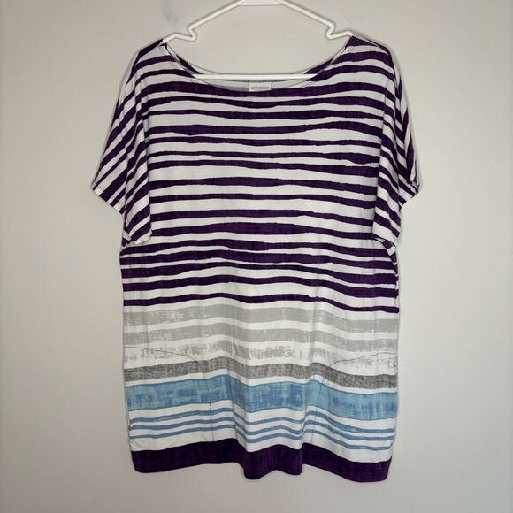 WEEKENDS by CHICO'S Short Sleeve Tee Womens Chico's 2 Multicolor Stripes Pockets - Picture 1 of 4